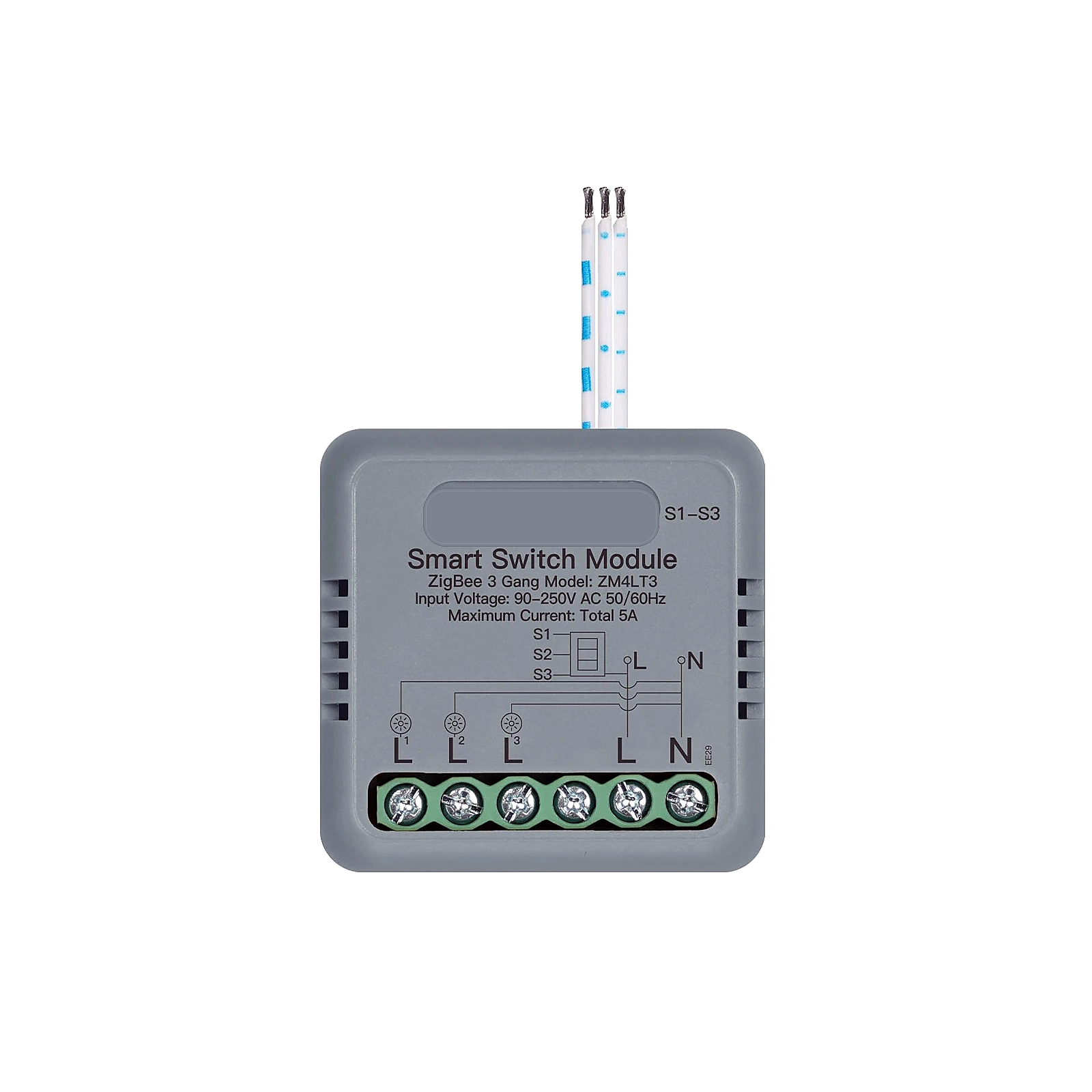 Module interrupteur connecté NéoRelay Compact Comfort ZigBee 3 voies sur fond blanc