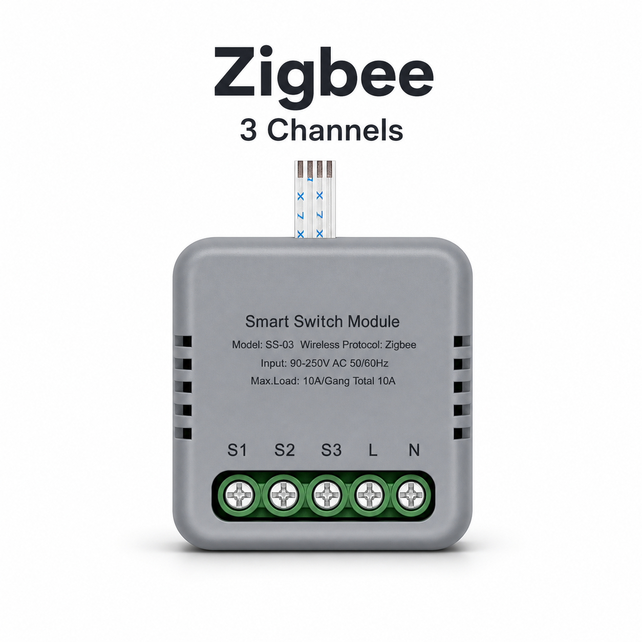 Studio packshot of Zigbee three channel smart switch module