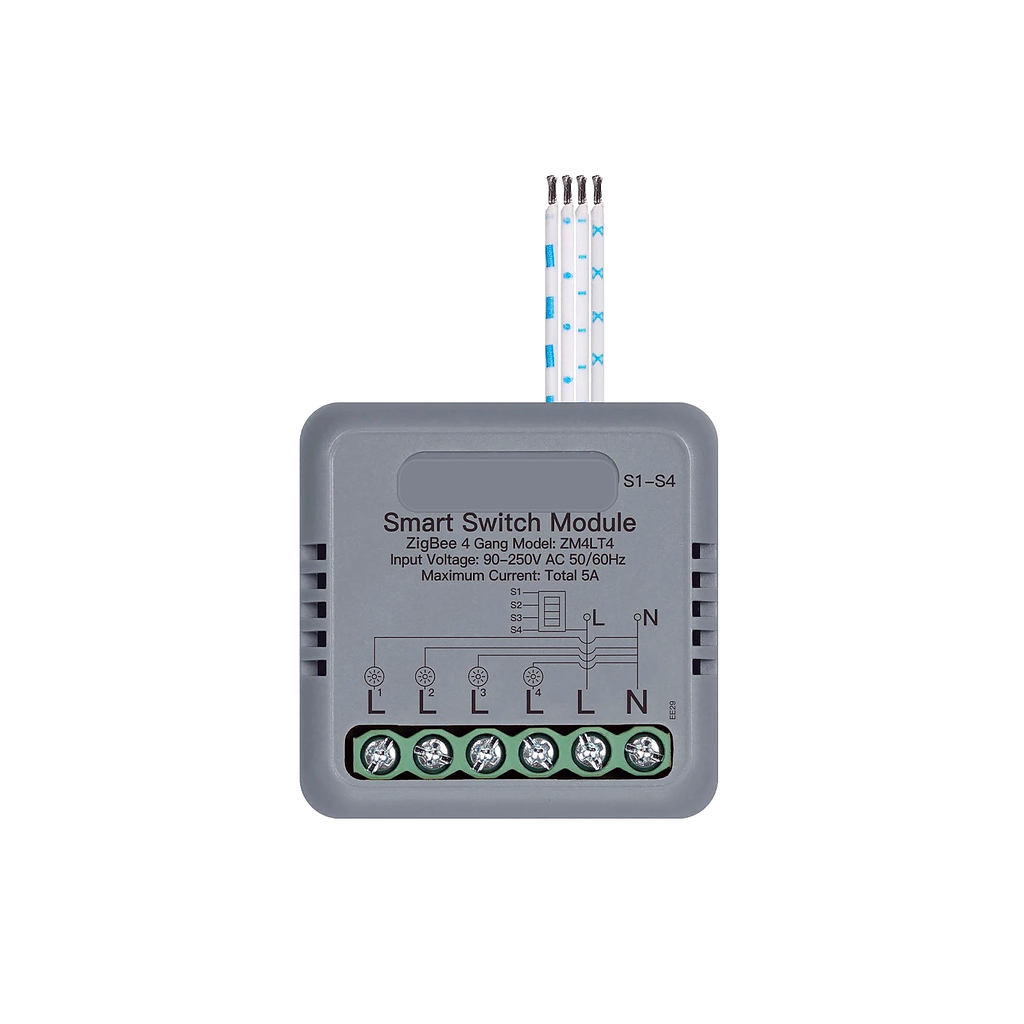 Module interrupteur connecté NéoRelay Compact Comfort ZigBee 4 voies sur fond blanc