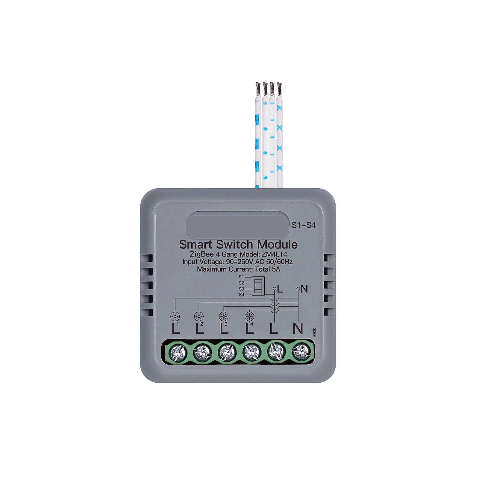 Module interrupteur connecté NéoRelay Compact Comfort ZigBee 4 voies sur fond blanc