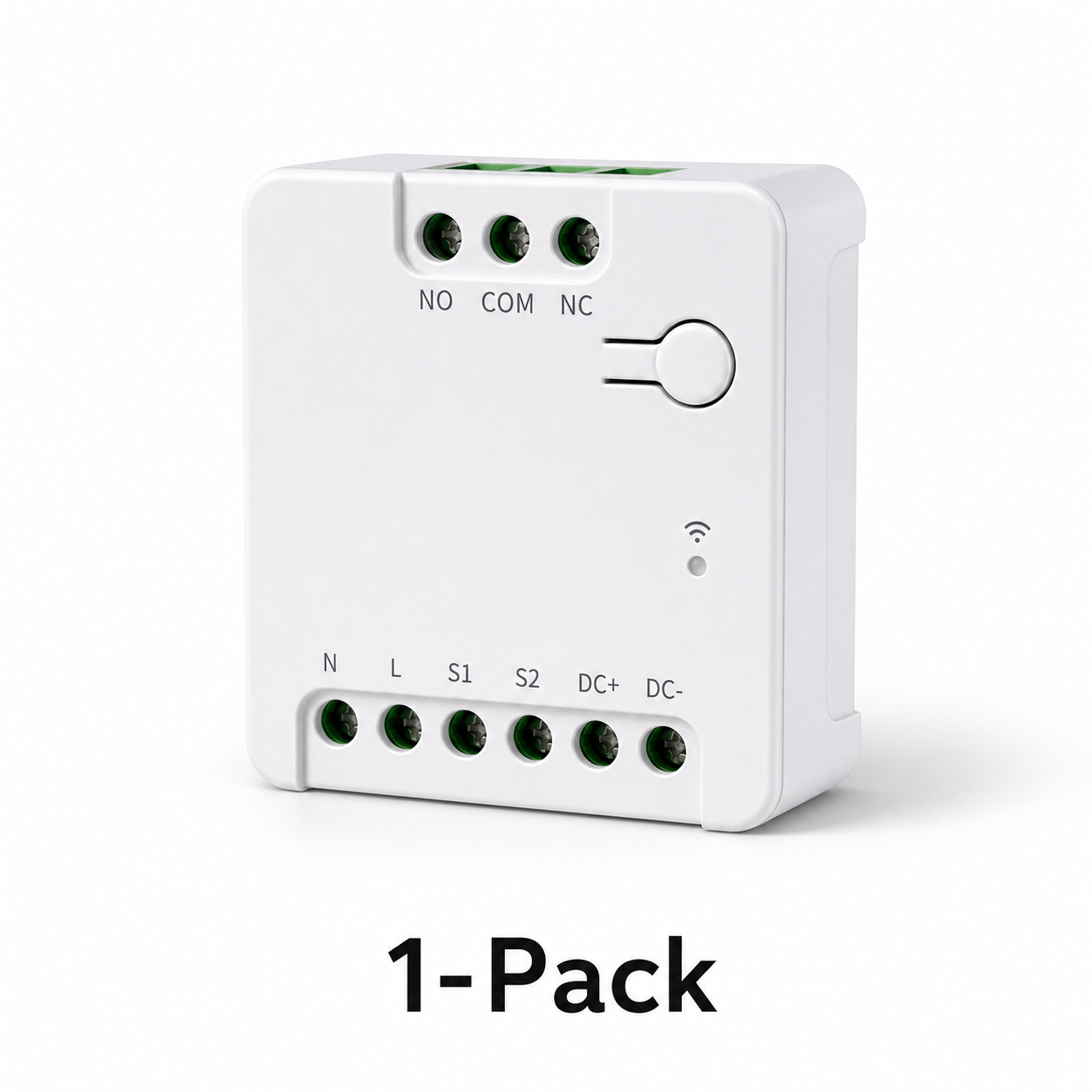 Single compact dry contact relay module on white background