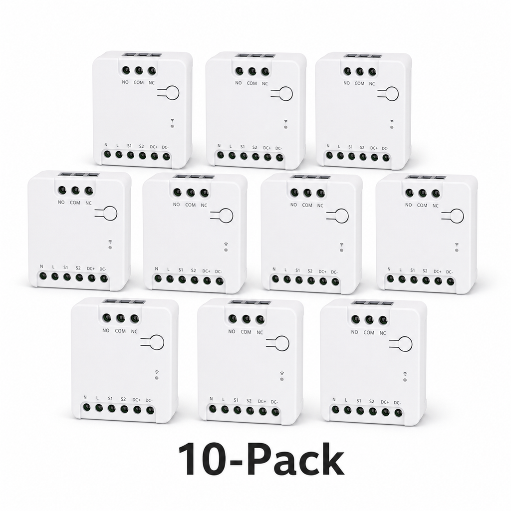 Ten pack of compact dry contact relay modules on white background