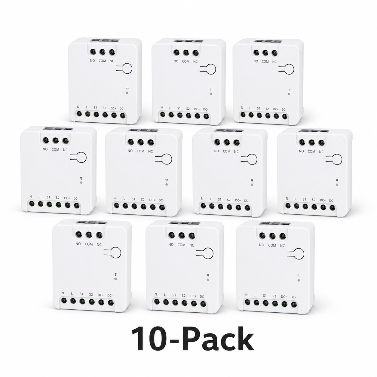 Ten pack of compact dry contact relay modules on white background