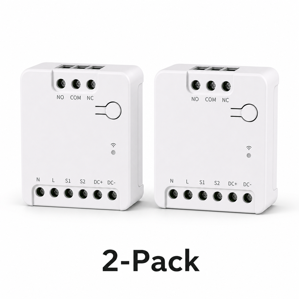 Two pack of compact dry contact relay modules on white background