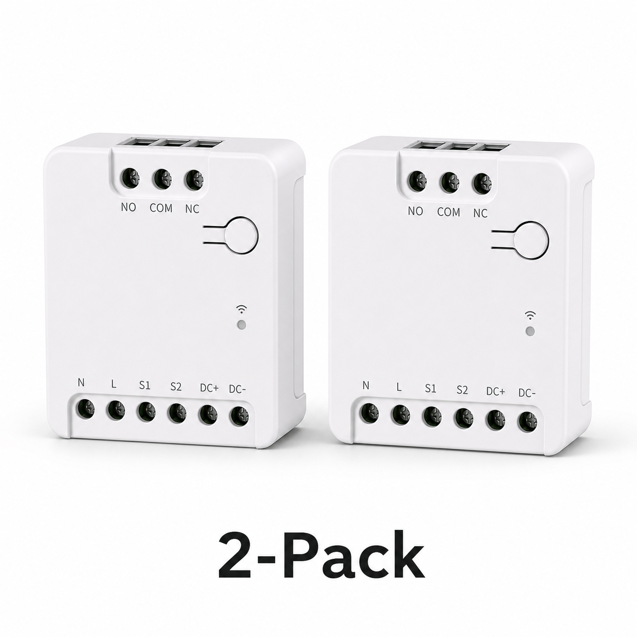 Two pack of compact dry contact relay modules on white background