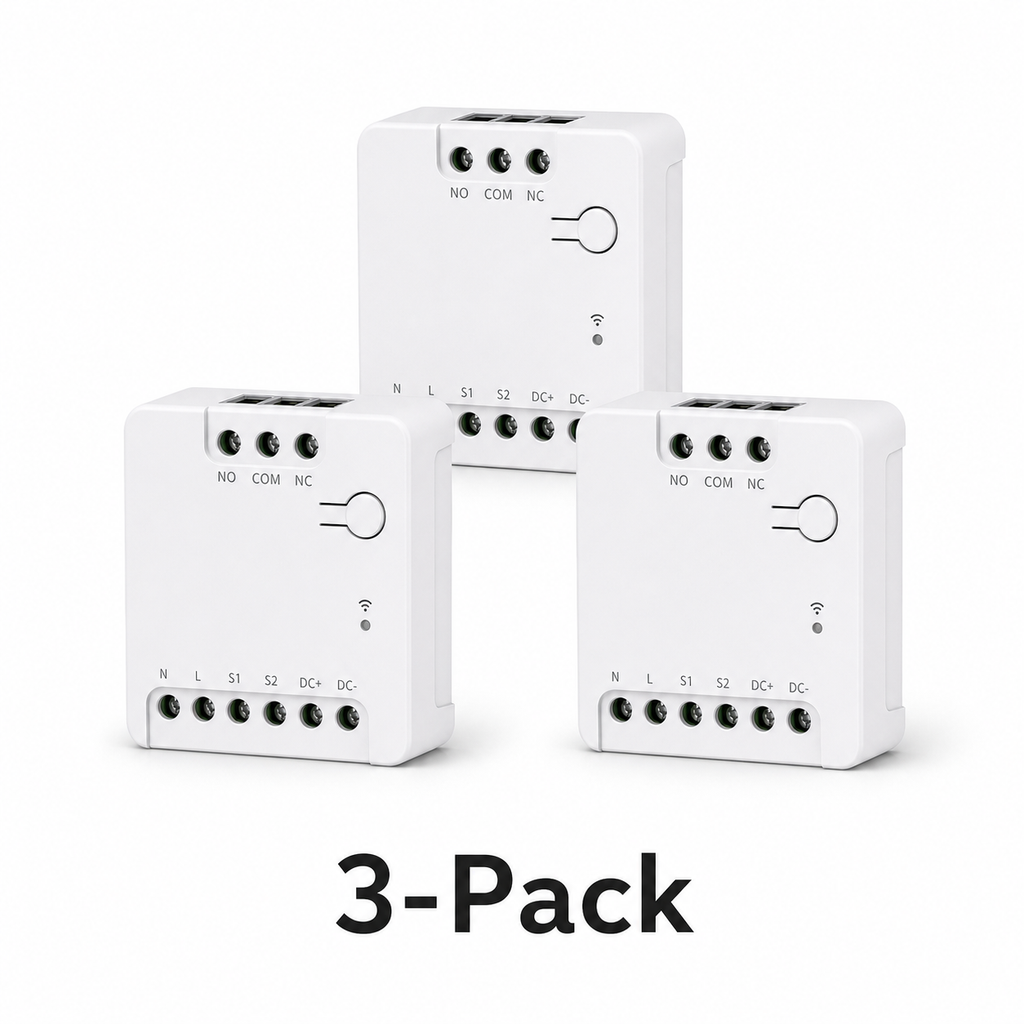 Three pack of compact dry contact relay modules on white background