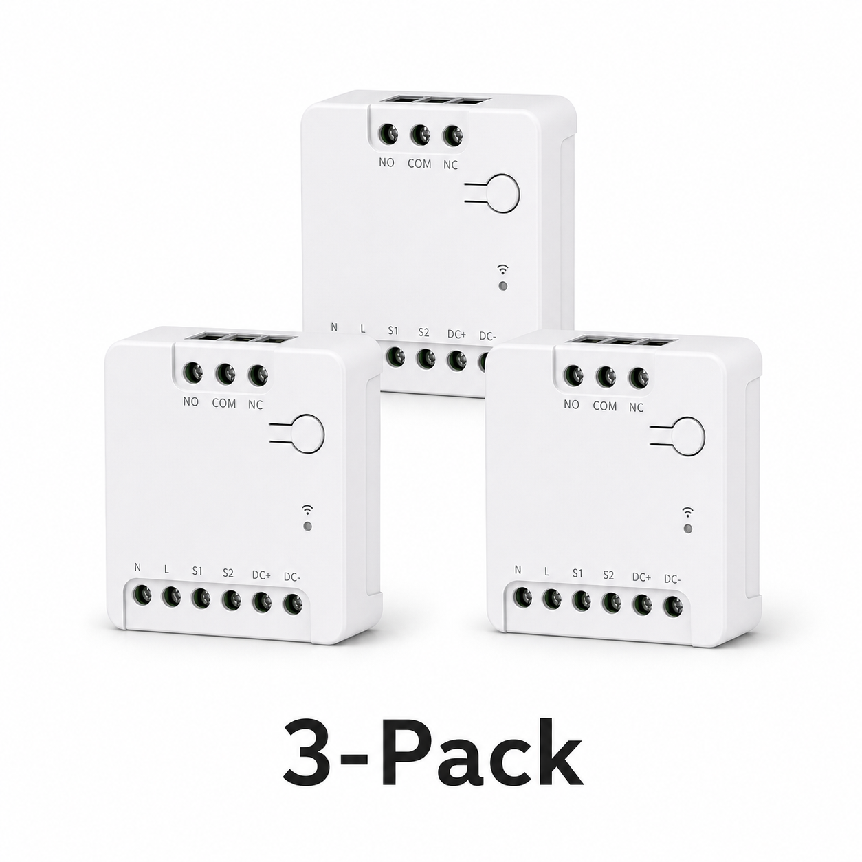 Three pack of compact dry contact relay modules on white background