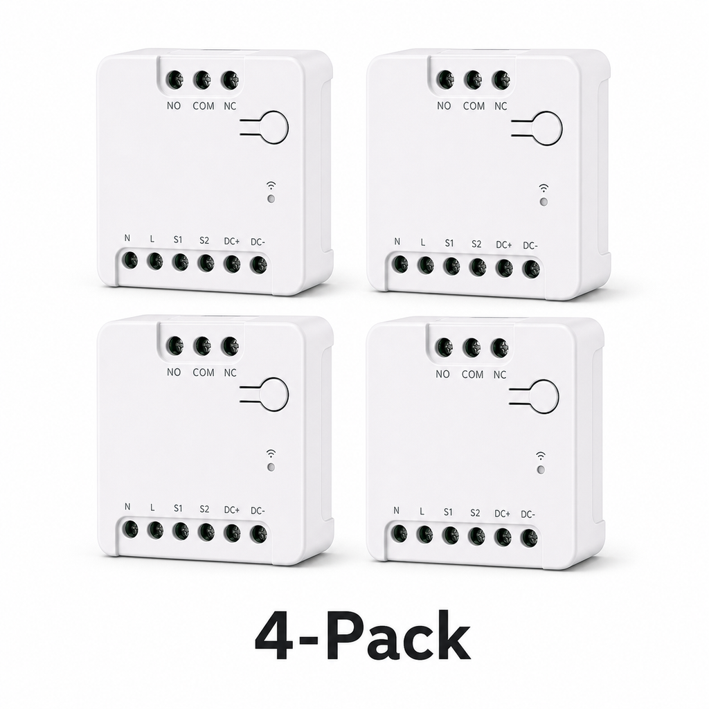 Four pack of compact dry contact relay modules on white background