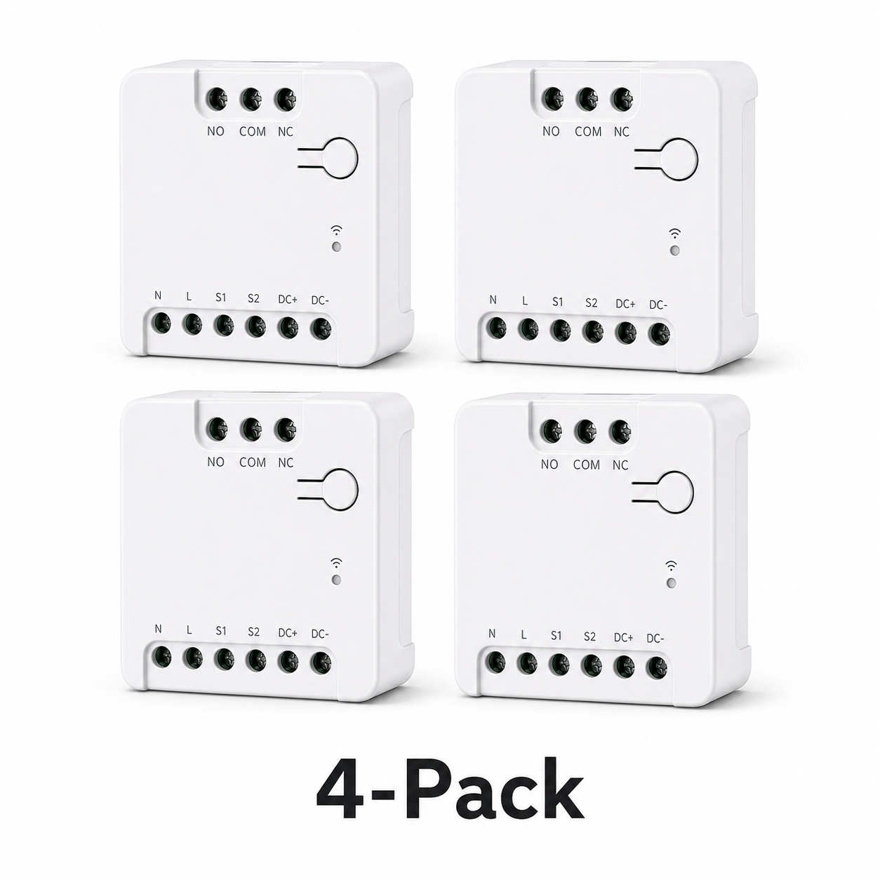 Four pack of compact dry contact relay modules on white background