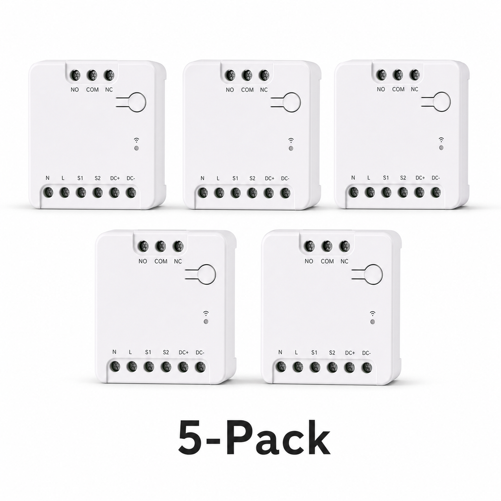 Five pack of compact dry contact relay modules on white background