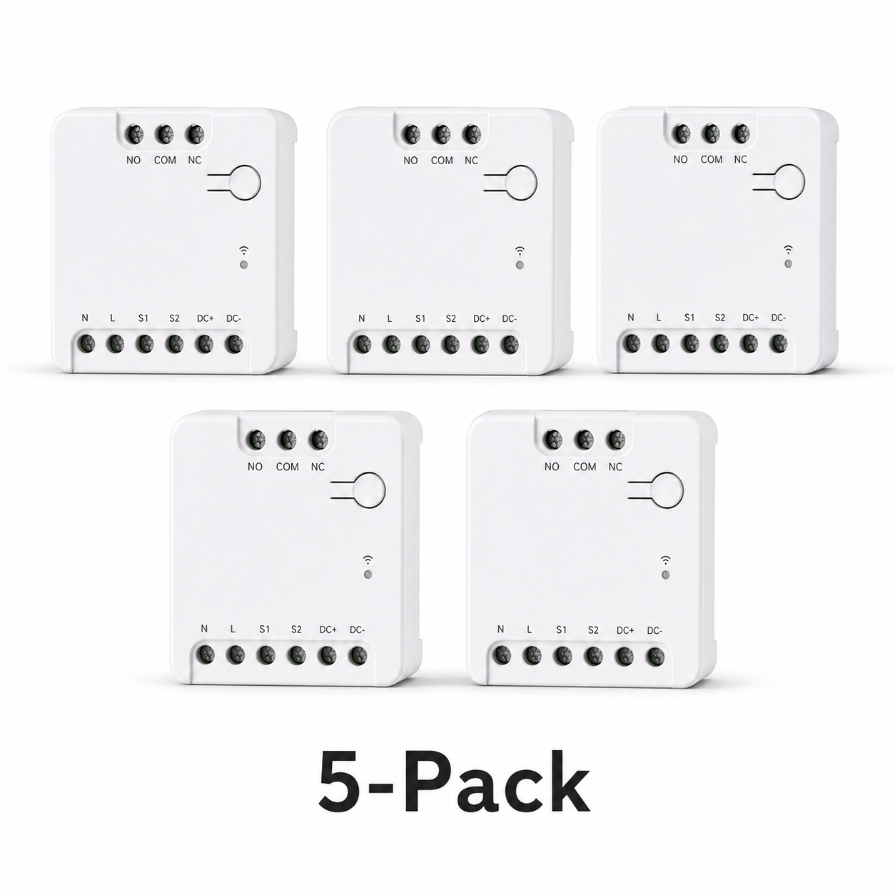 Five pack of compact dry contact relay modules on white background