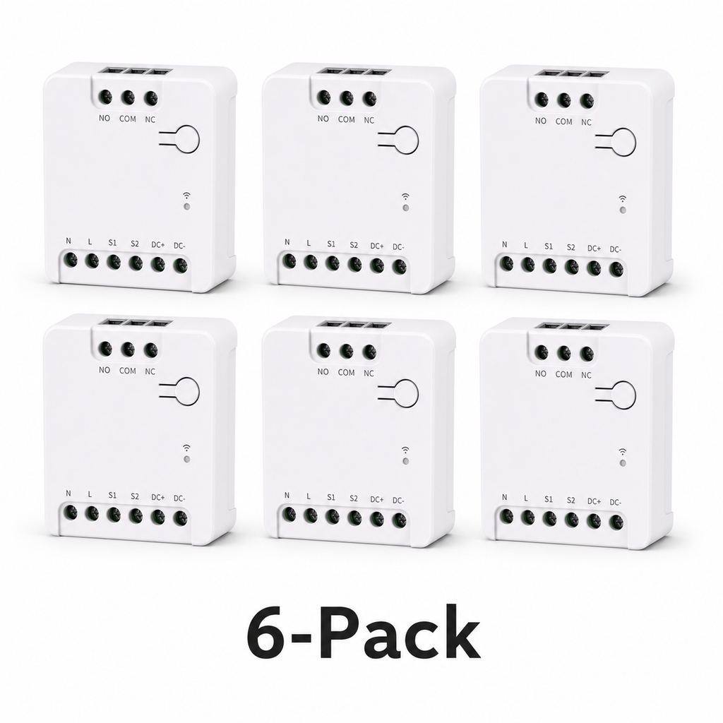Six pack of compact dry contact relay modules on white background