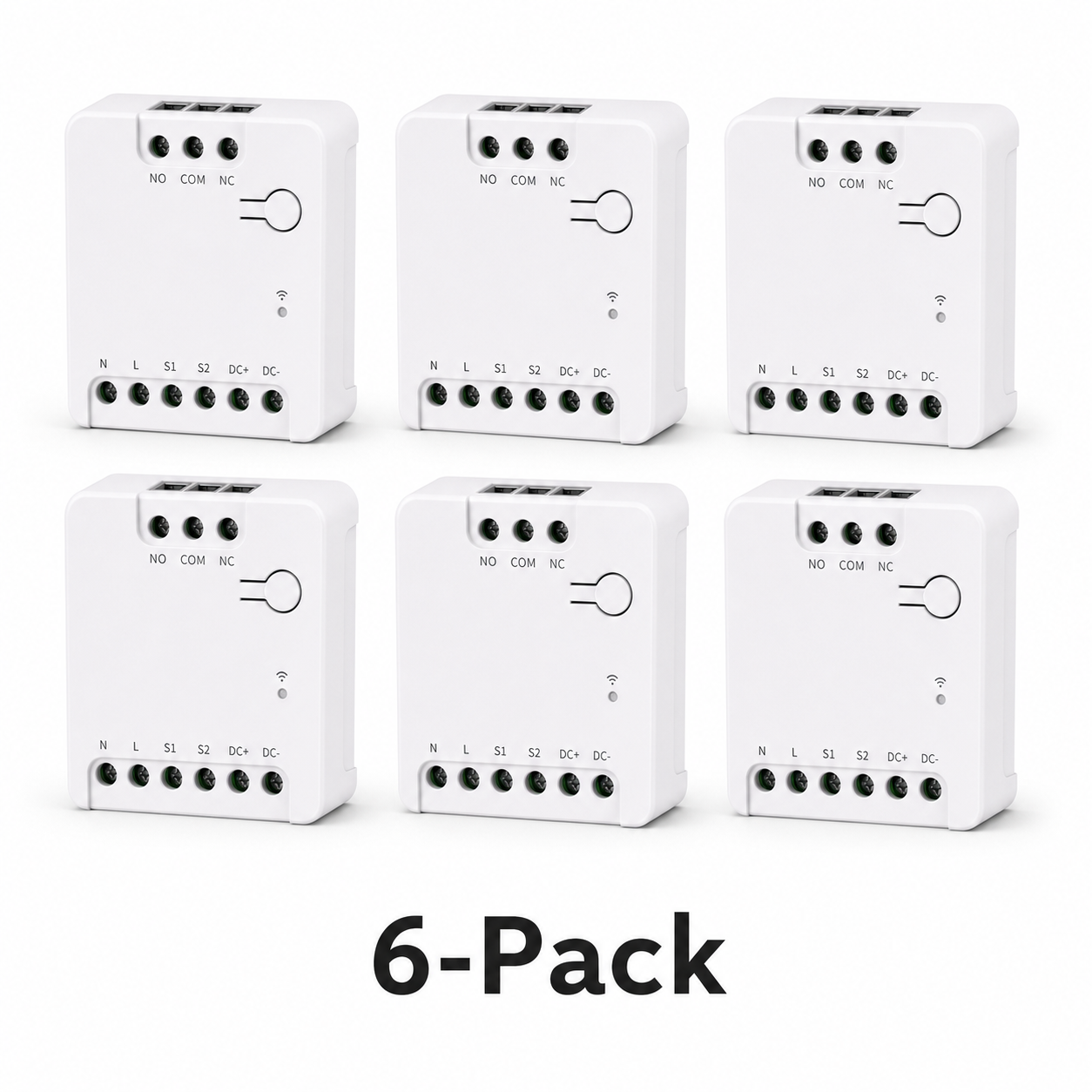 Six pack of compact dry contact relay modules on white background