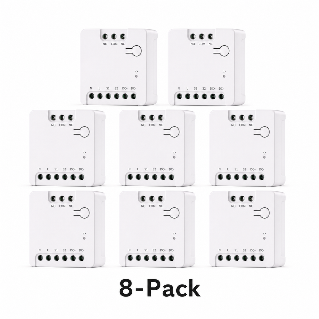 Eight pack of compact dry contact relay modules on white background