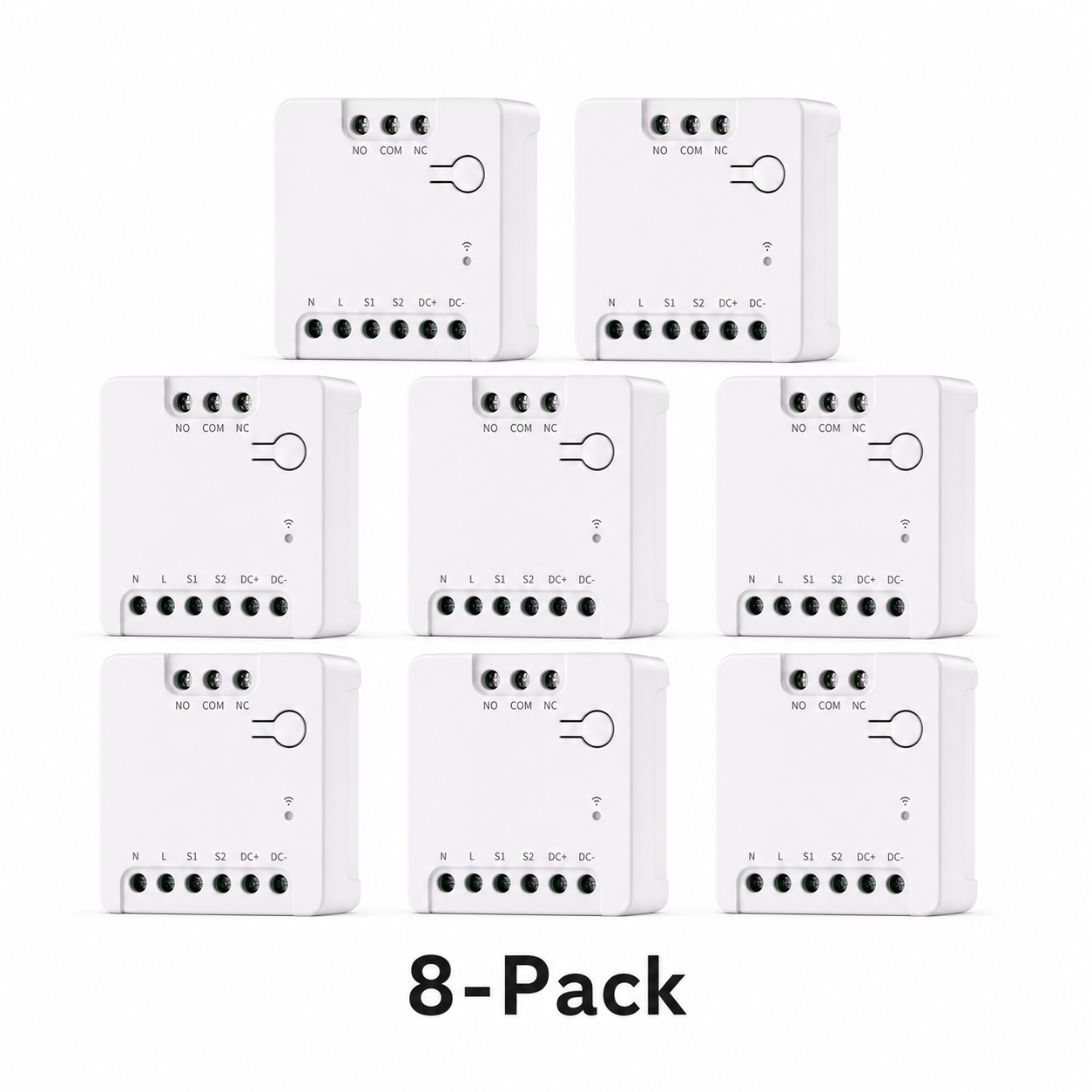 Eight pack of compact dry contact relay modules on white background