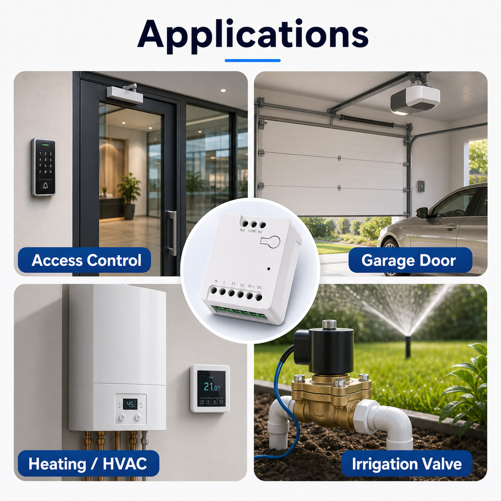 Application scenes for dry contact relay control including access, garage, heating and irrigation