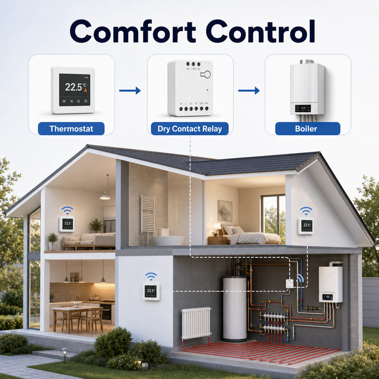 Comfort control heating diagram with dry contact relay
