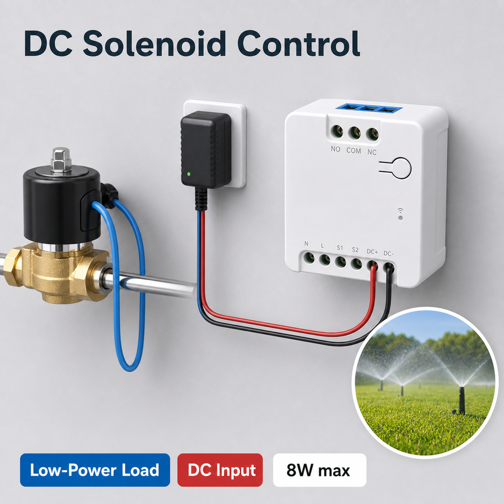 DC solenoid valve control with compact dry contact relay