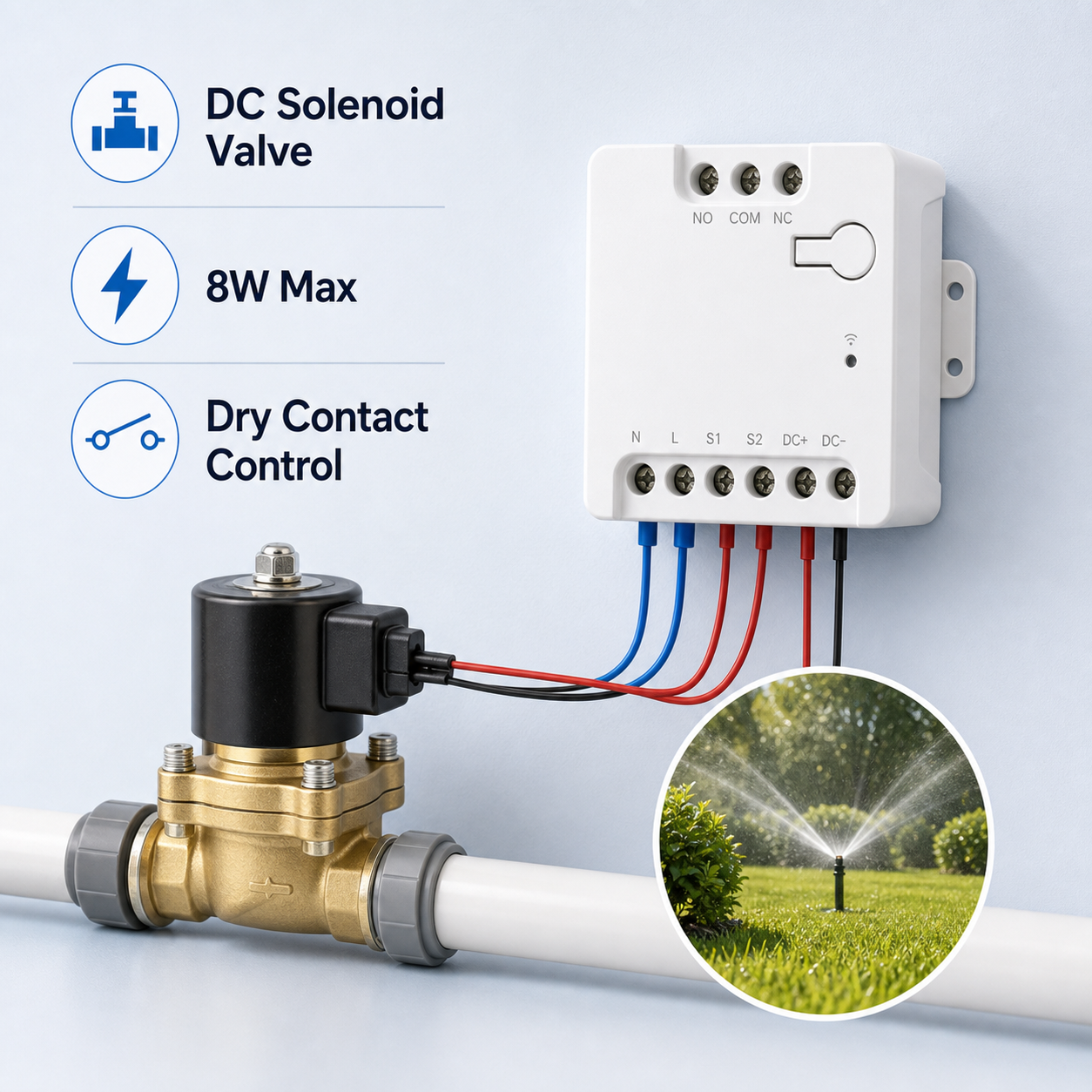 DC solenoid valve control with dry contact relay module