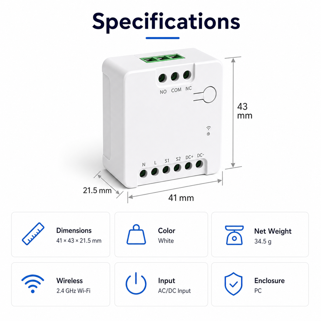 Dimensions and specifications for compact dry contact relay
