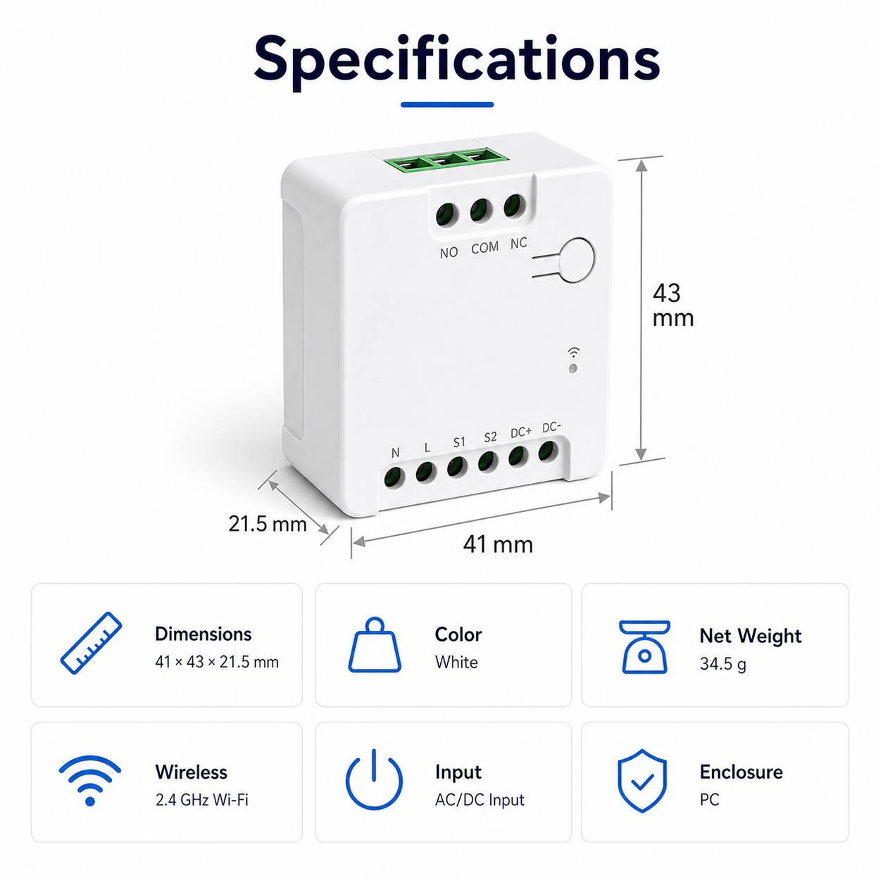 Dimensions and specifications for compact dry contact relay
