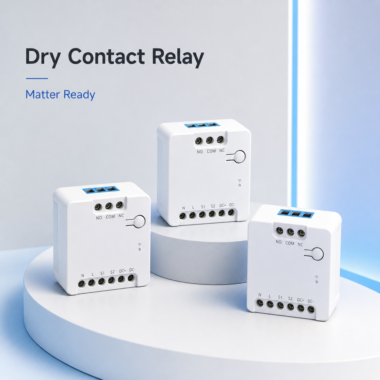 Studio packshot of compact Matter dry contact relay modules