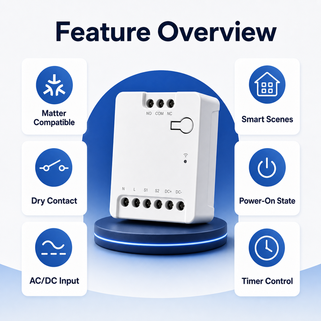 Feature overview for Wi-Fi Matter dry contact relay module