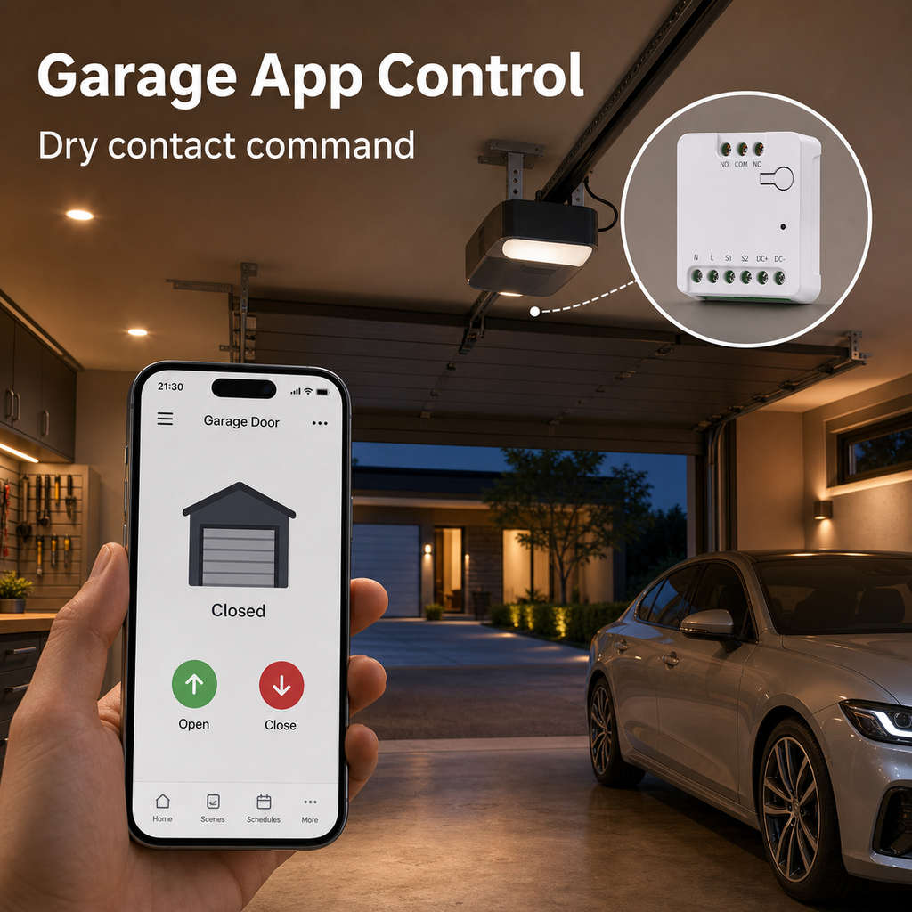 Garage app control scene with dry contact relay command