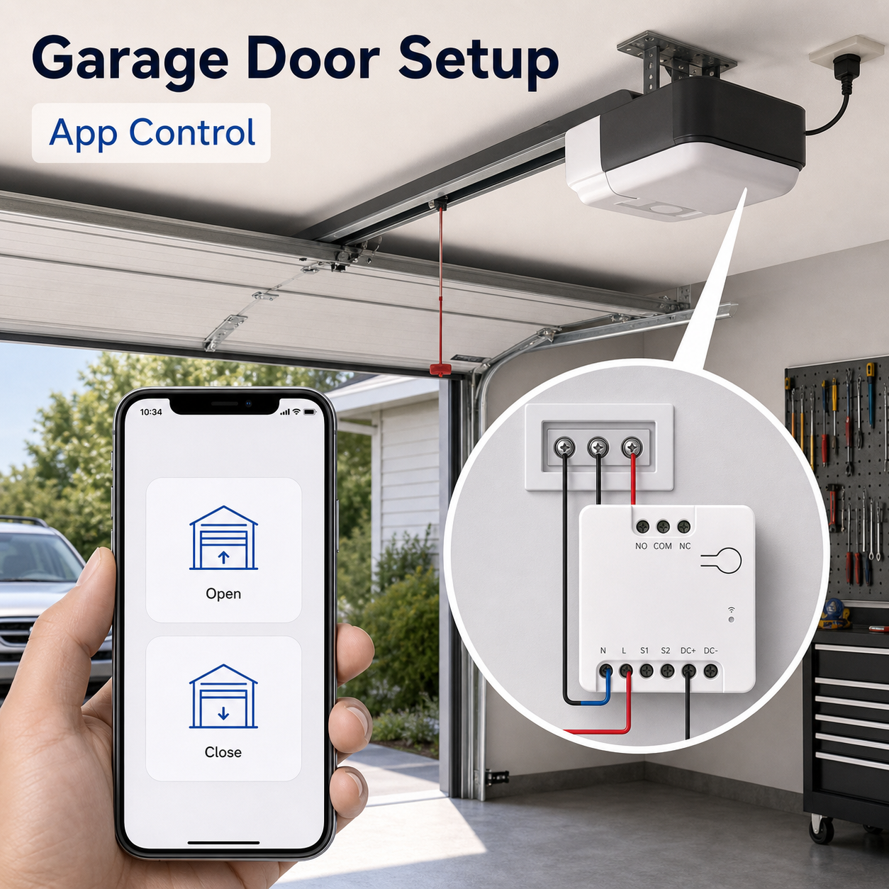 Garage door app control setup with compact dry contact relay
