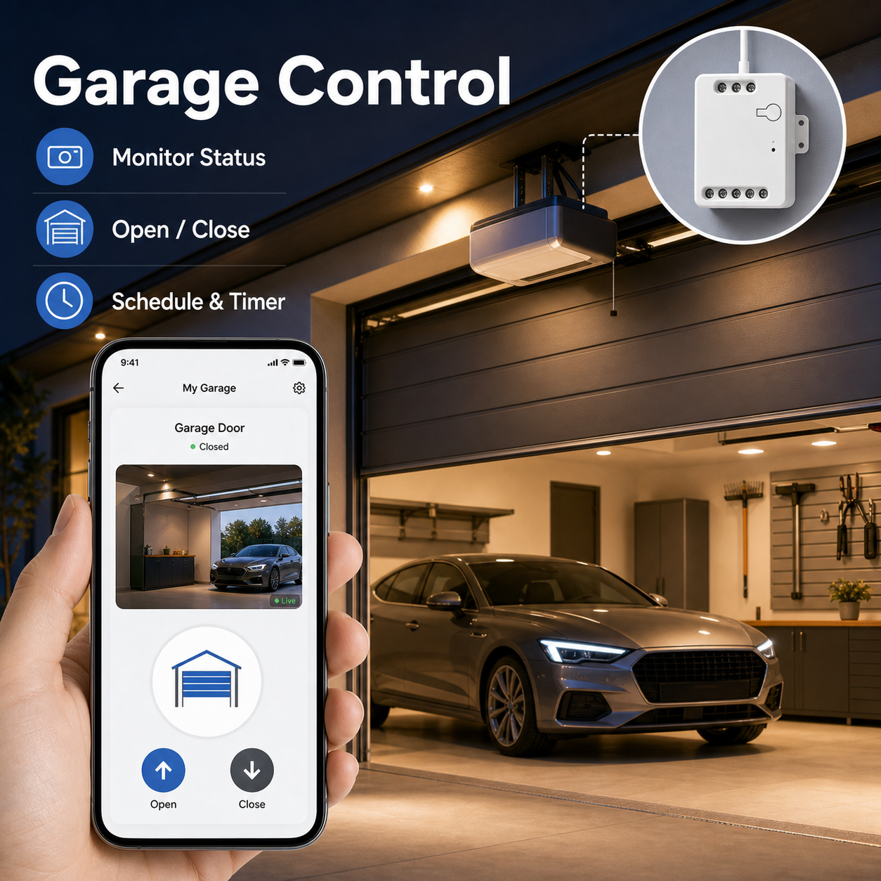 Garage control and monitoring app scene with relay module