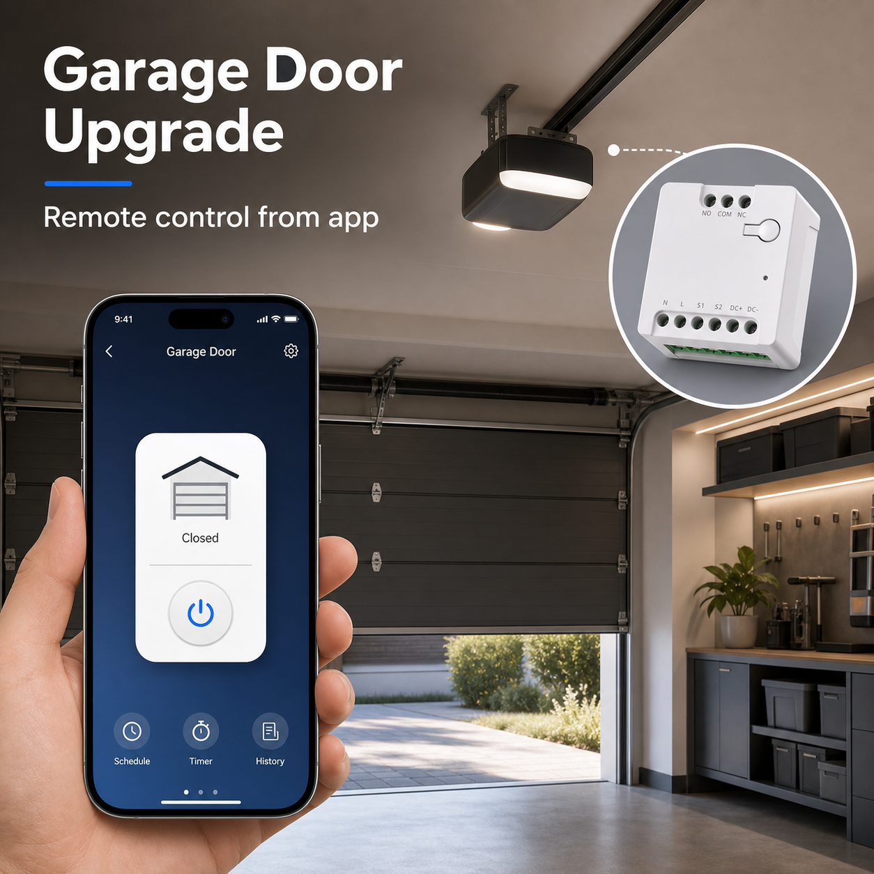 Garage door app control with unbranded dry contact relay installation callout