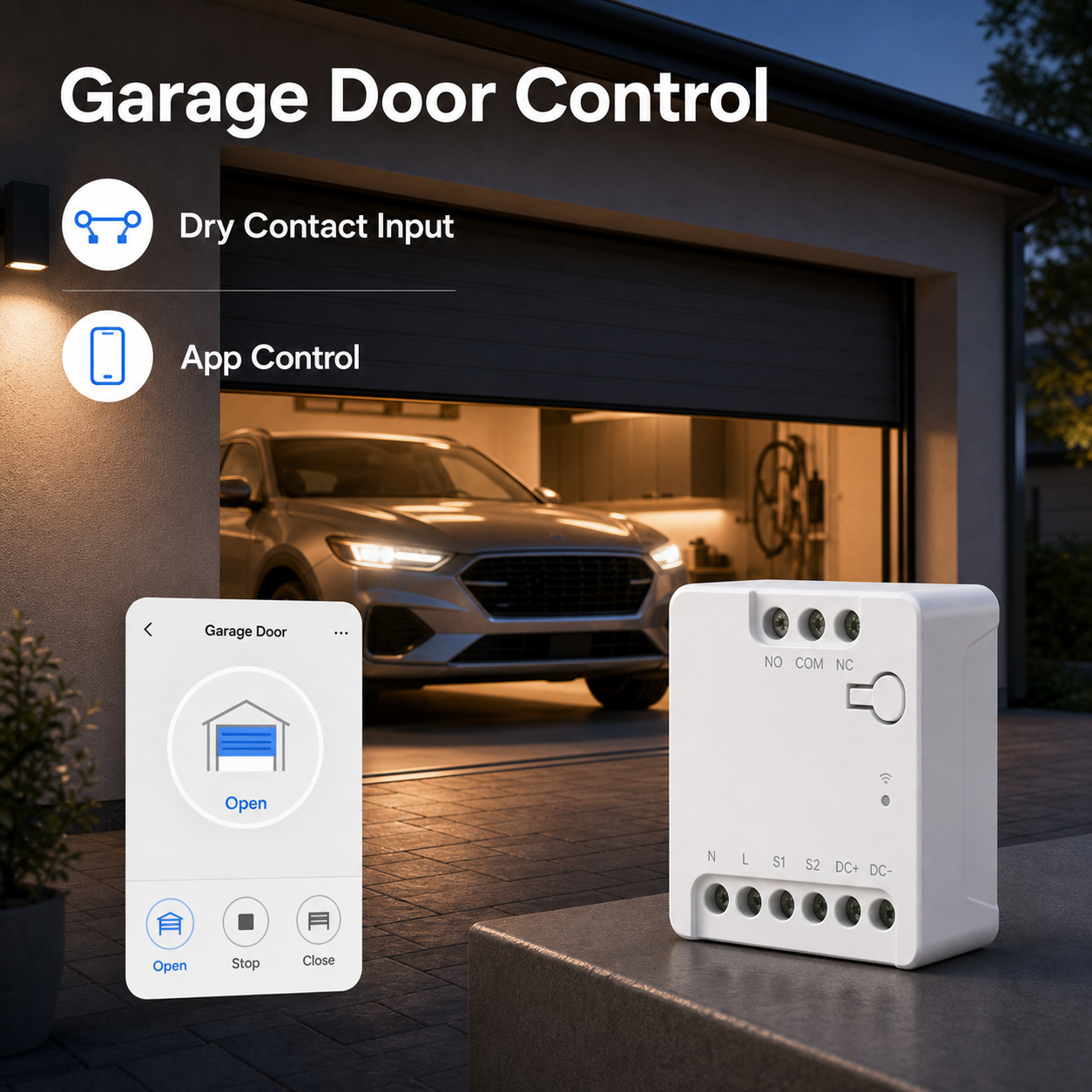 Garage door control scene for Wi-Fi dry contact relay module