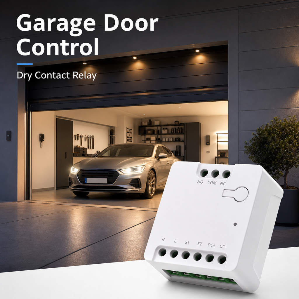 Garage door control scene with compact dry contact relay module