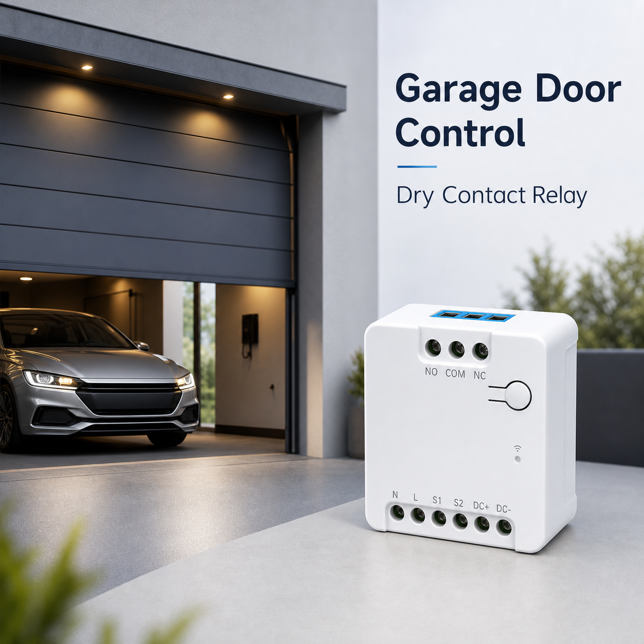 Garage door control scene with compact dry contact relay