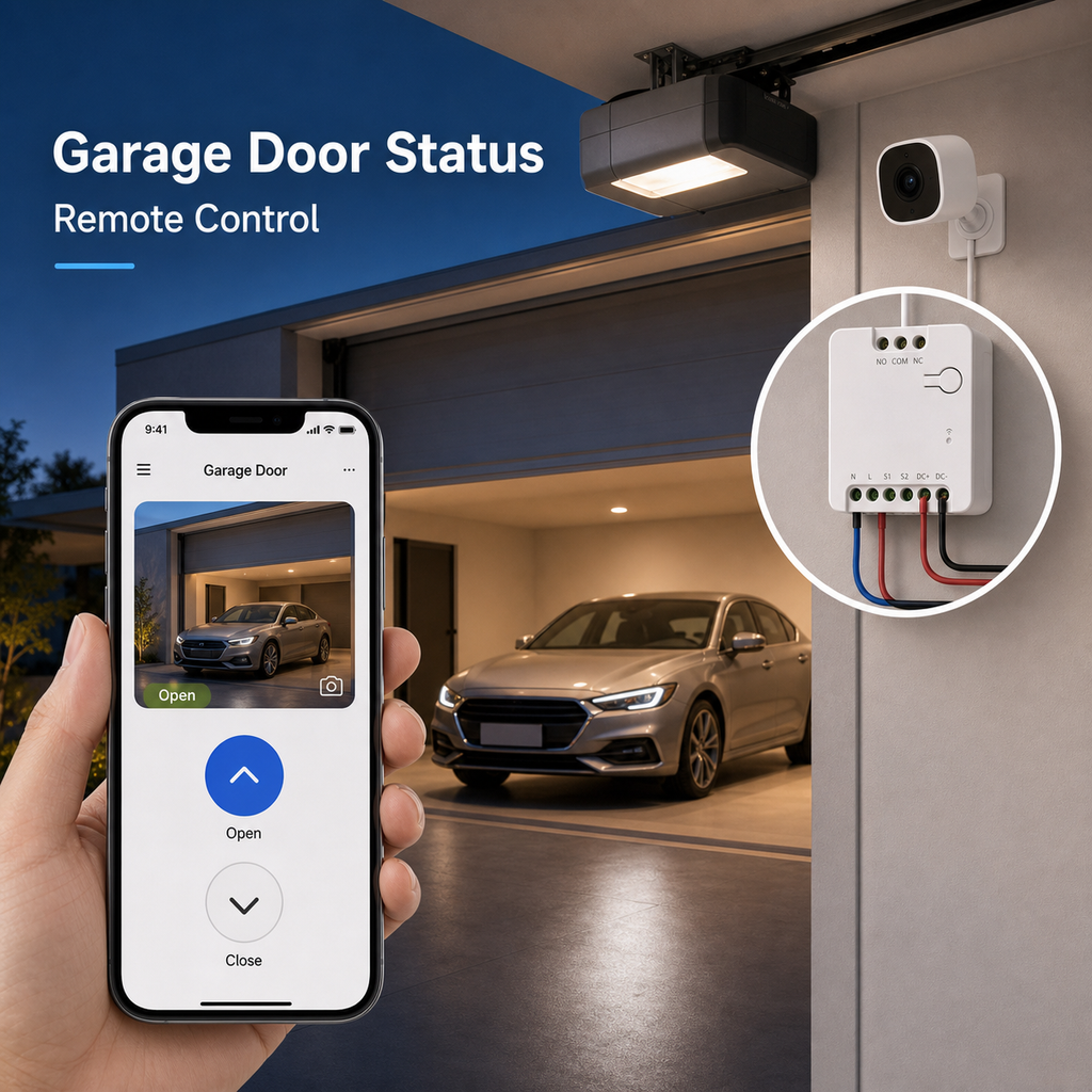 Garage door status and remote control scene with dry contact relay