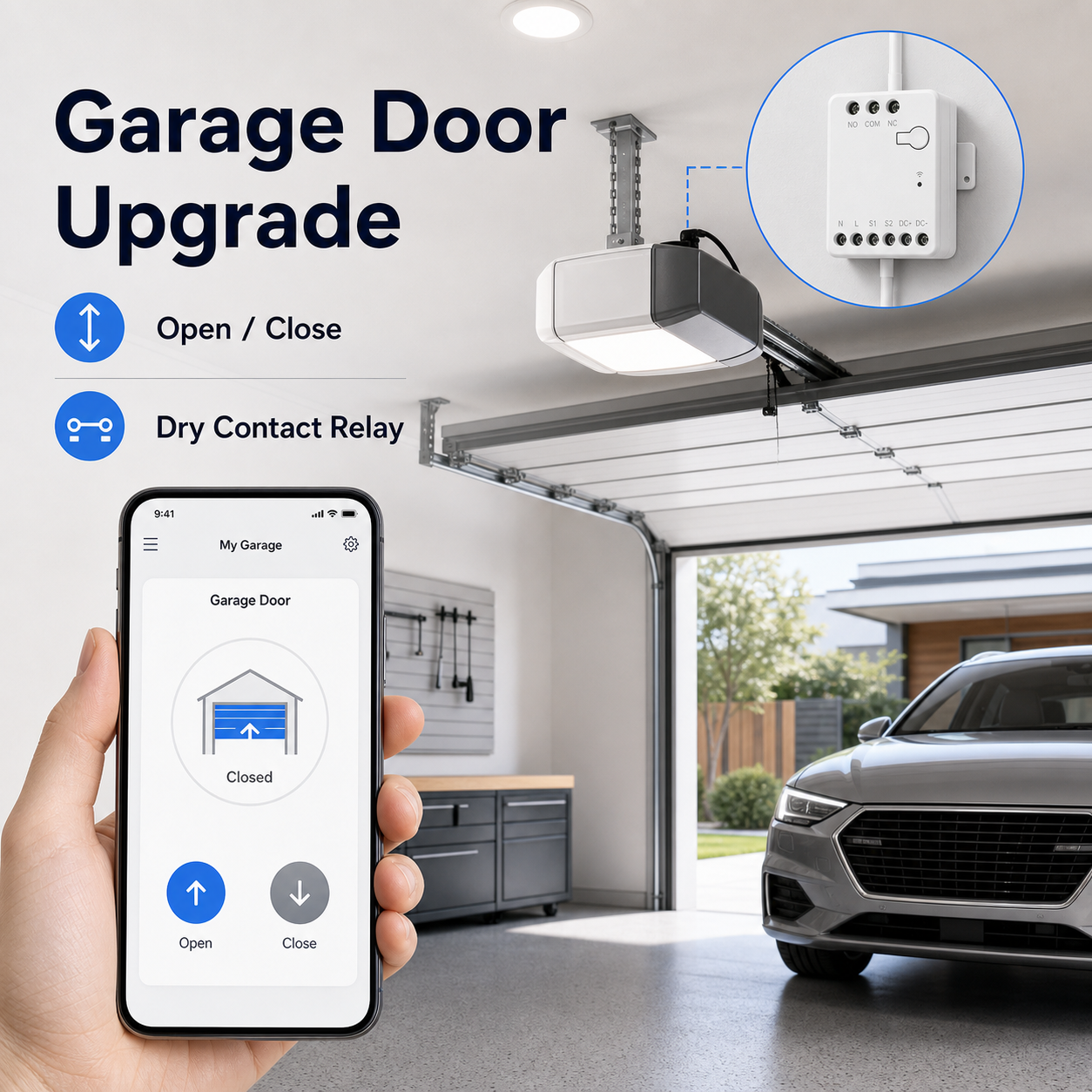 Garage door upgrade app control scene with relay module