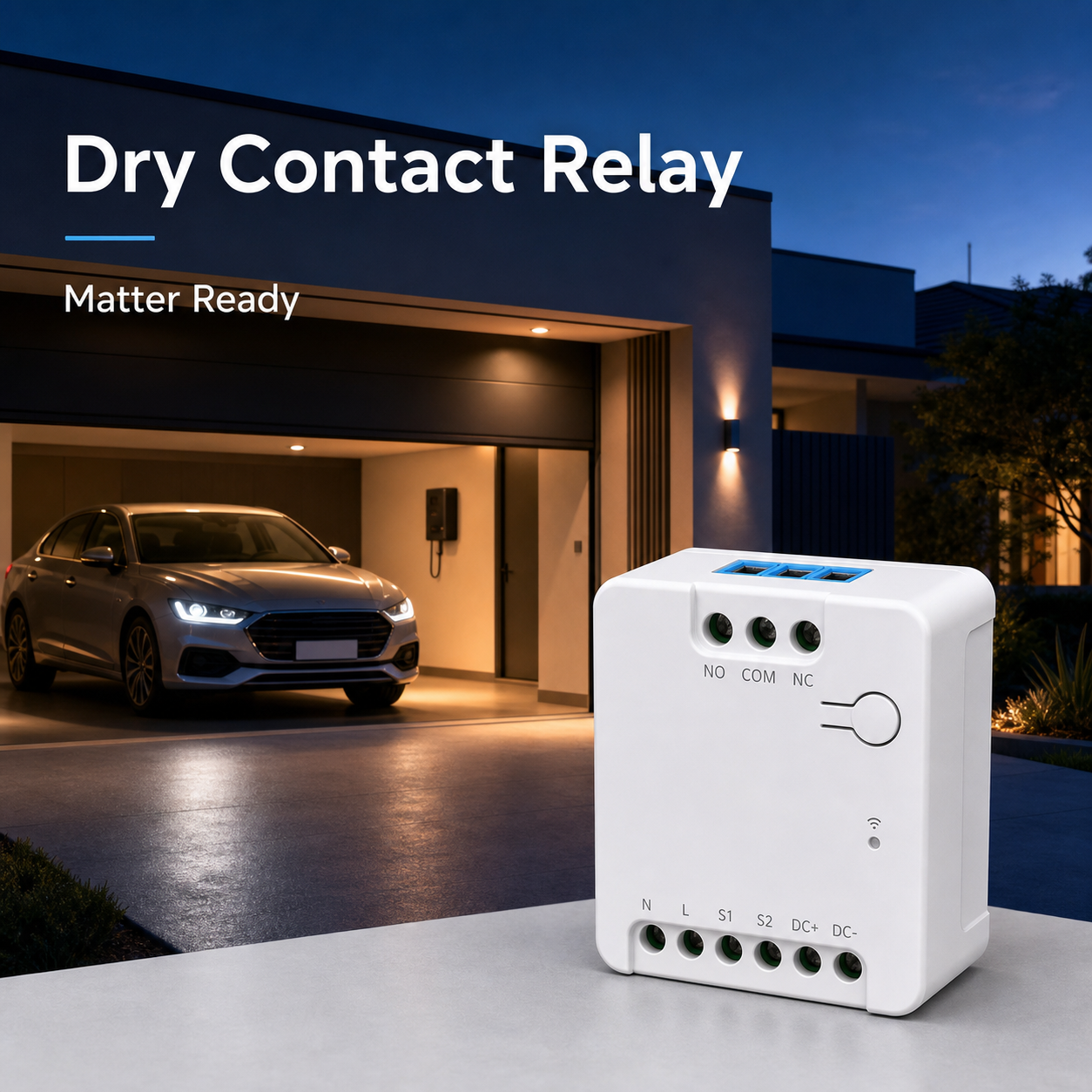 Matter ready dry contact relay in a modern garage scene
