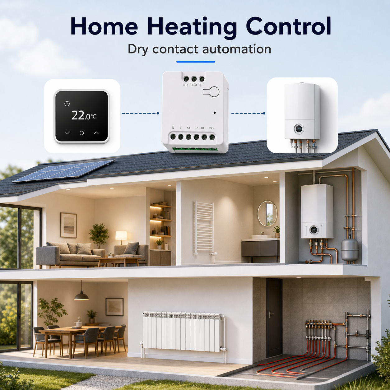 Home heating control scene with dry contact relay automation