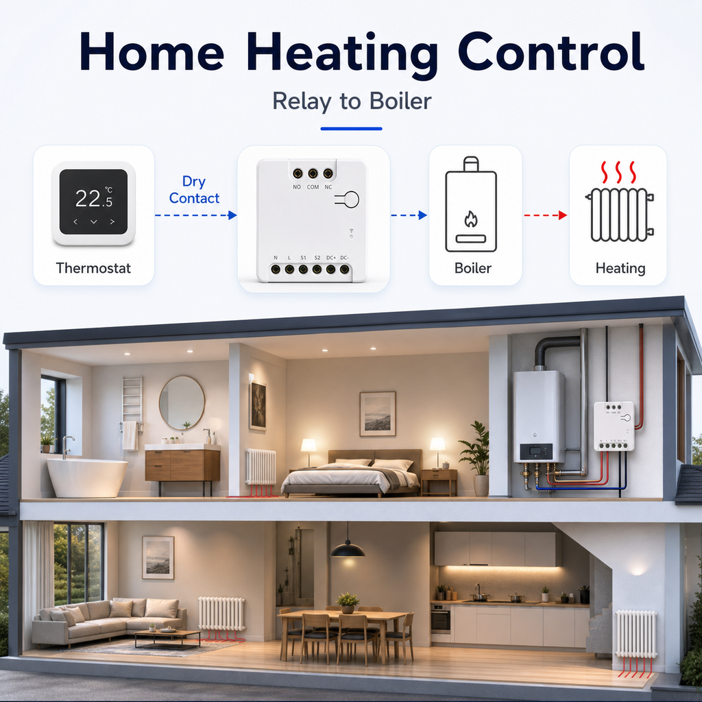 Home heating control diagram with relay to boiler