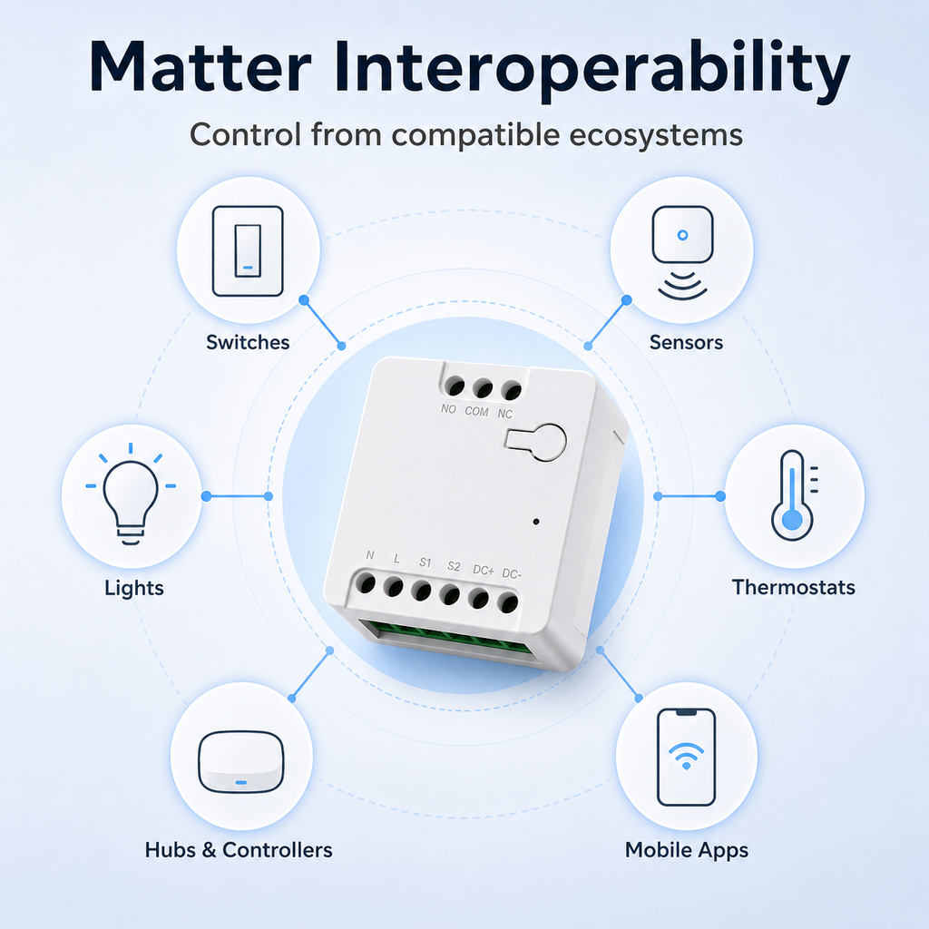 Matter interoperability illustration with generic smart home icons and dry contact relay