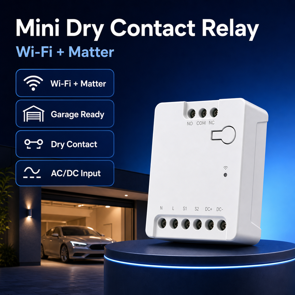 Mini dry contact relay product hero with Wi-Fi and Matter