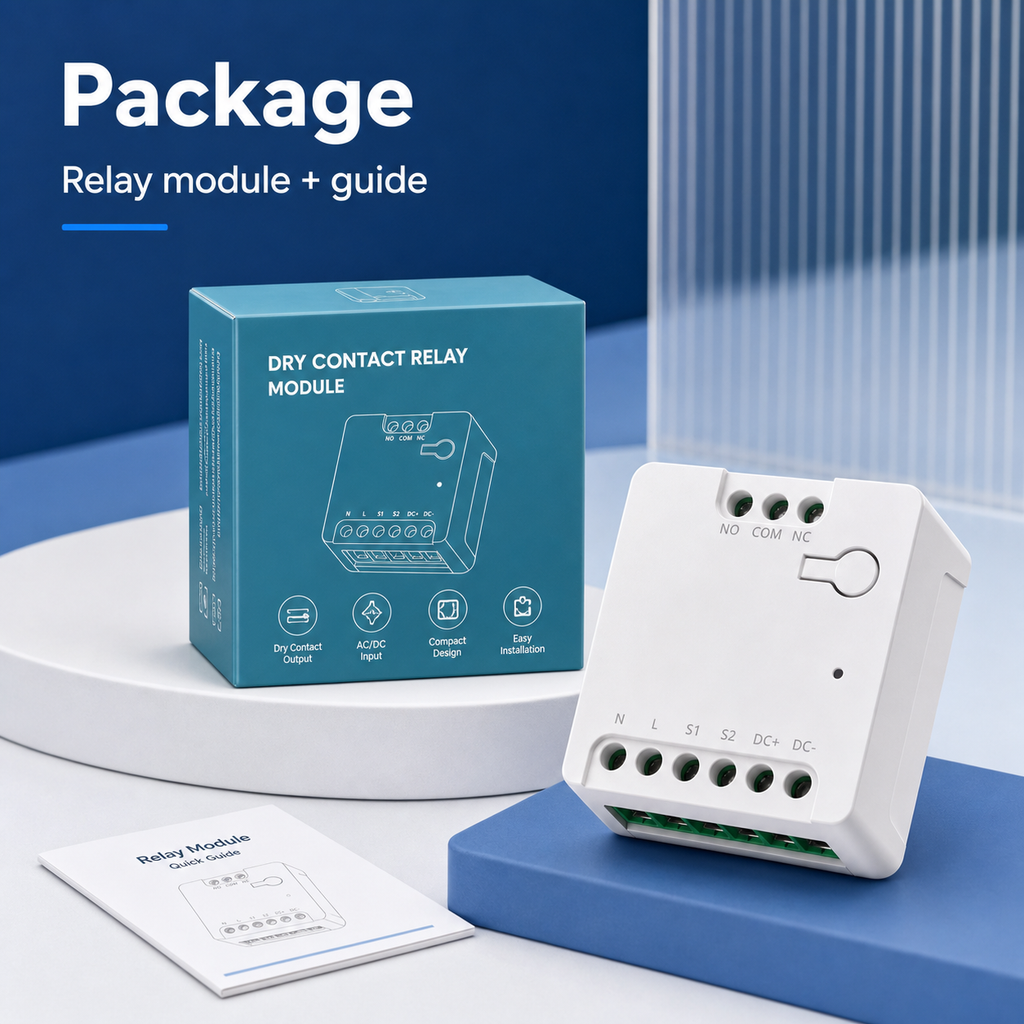 Package contents image with dry contact relay module and guide