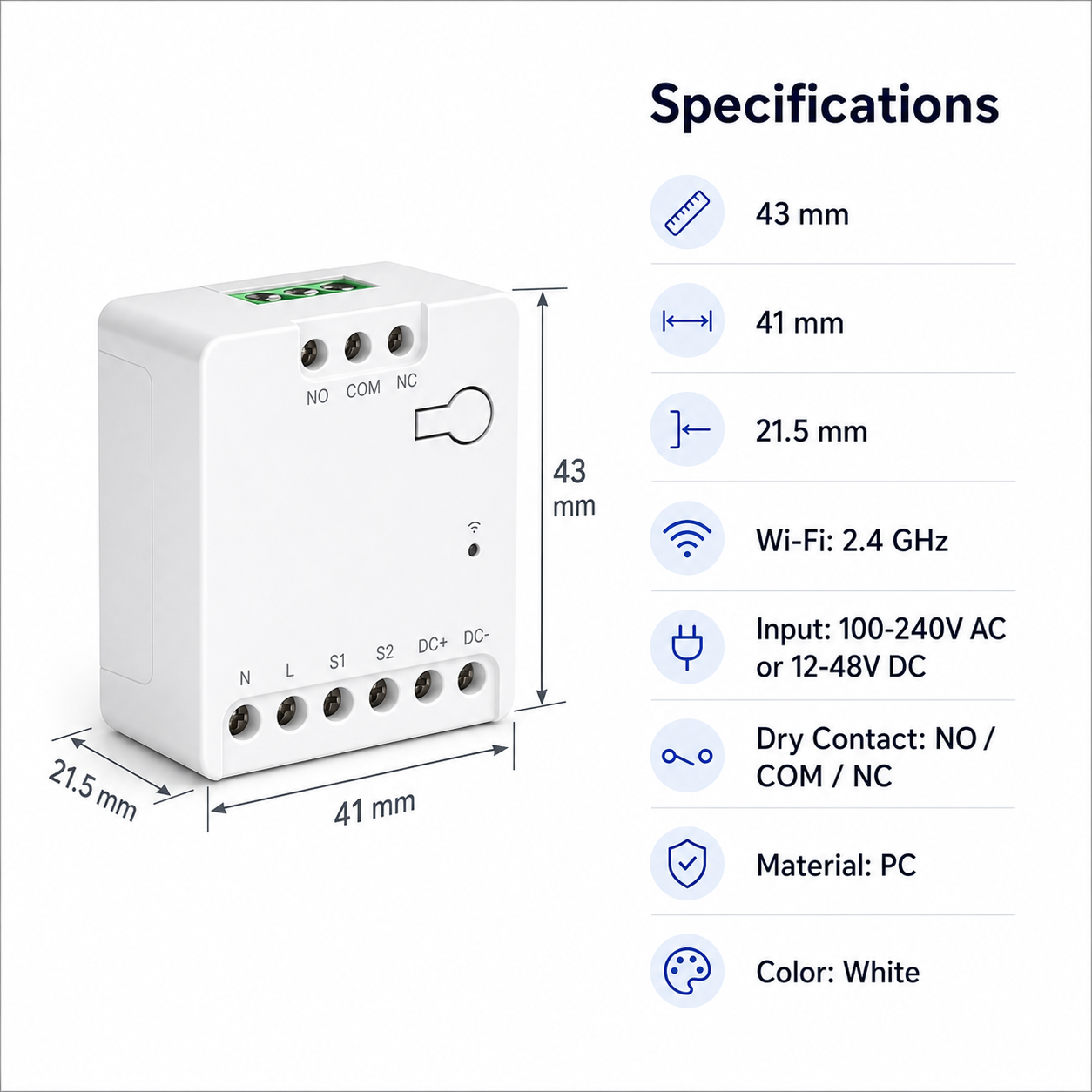 Specifications and dimensions for compact dry contact relay