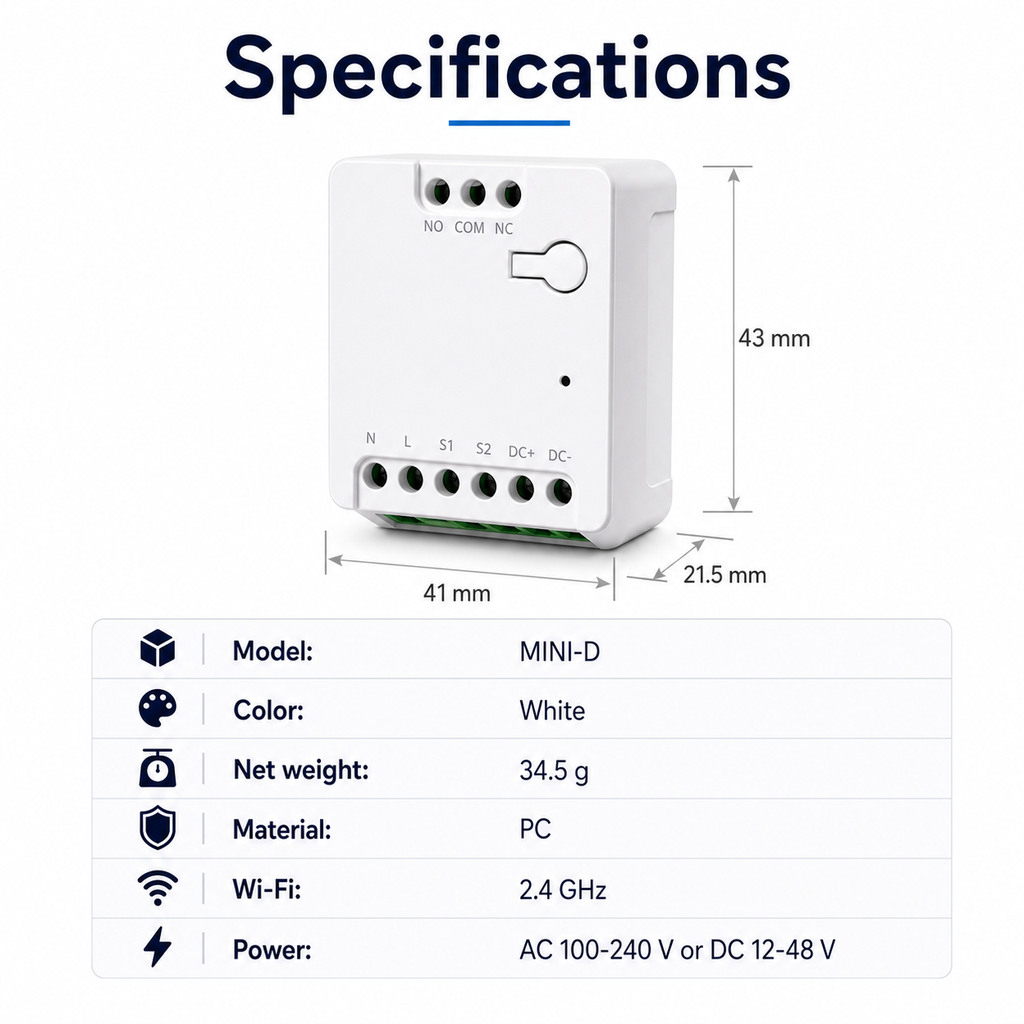 Specification card with dimensions and key details for dry contact relay module