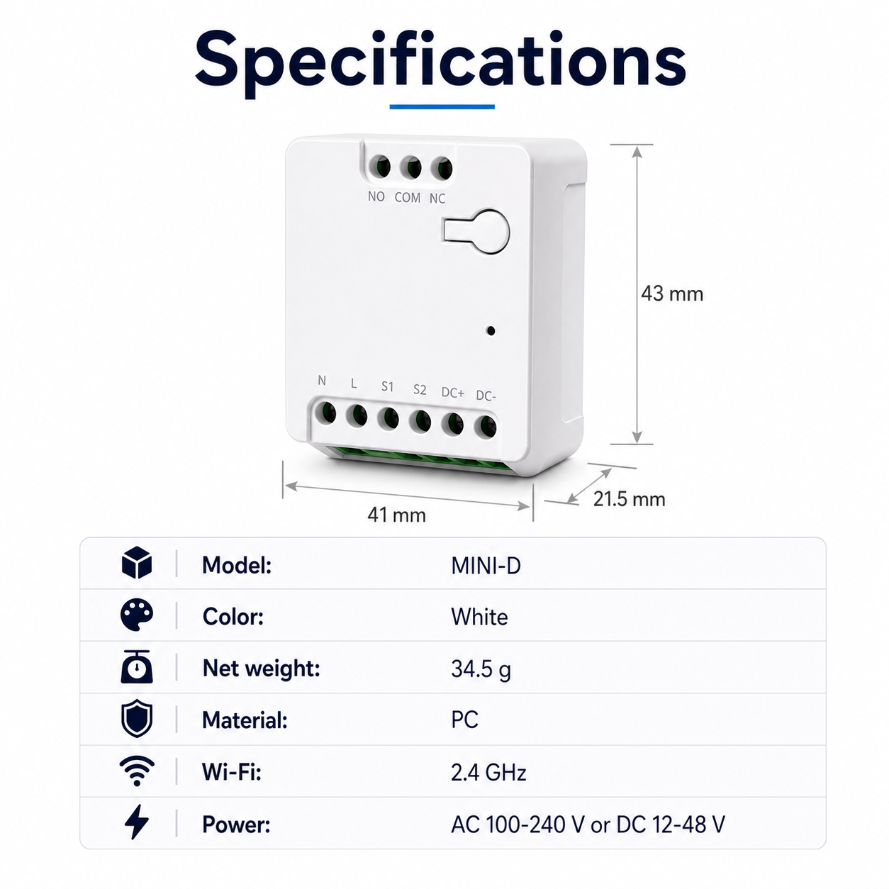 Specification card with dimensions and key details for dry contact relay module