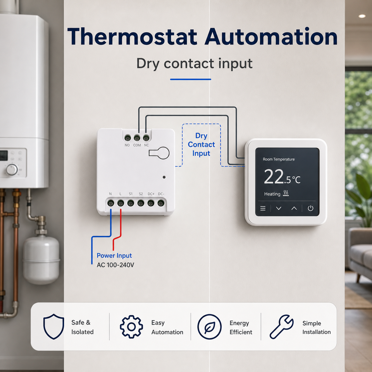 Thermostat automation diagram with dry contact input and relay module