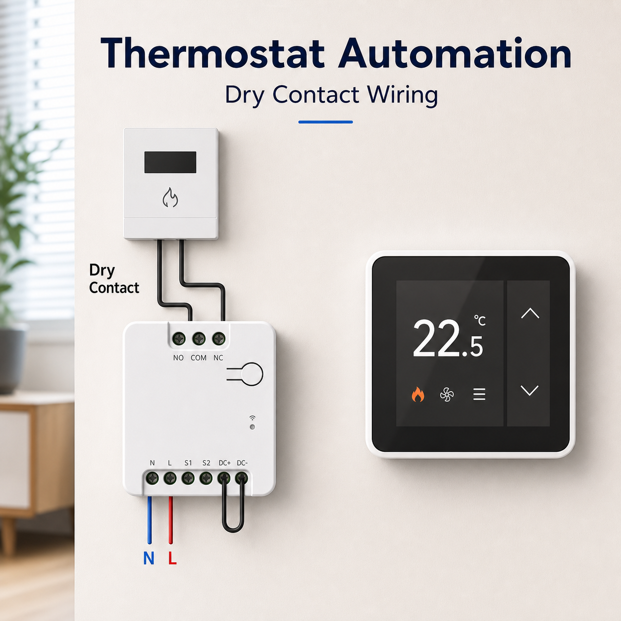 Thermostat automation wiring with dry contact relay