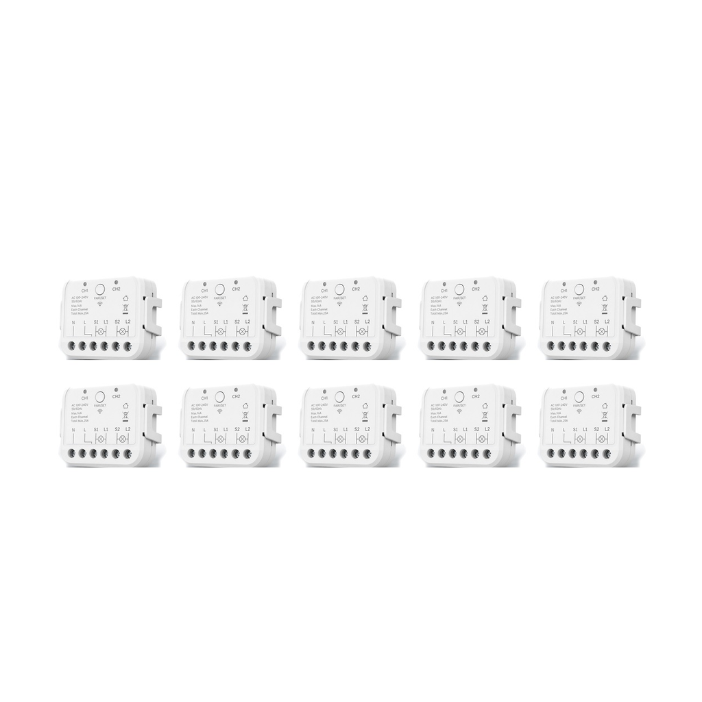 Lot de 10 modules Wi-Fi double commande NéoRelay Dual Lite Pro sur fond blanc