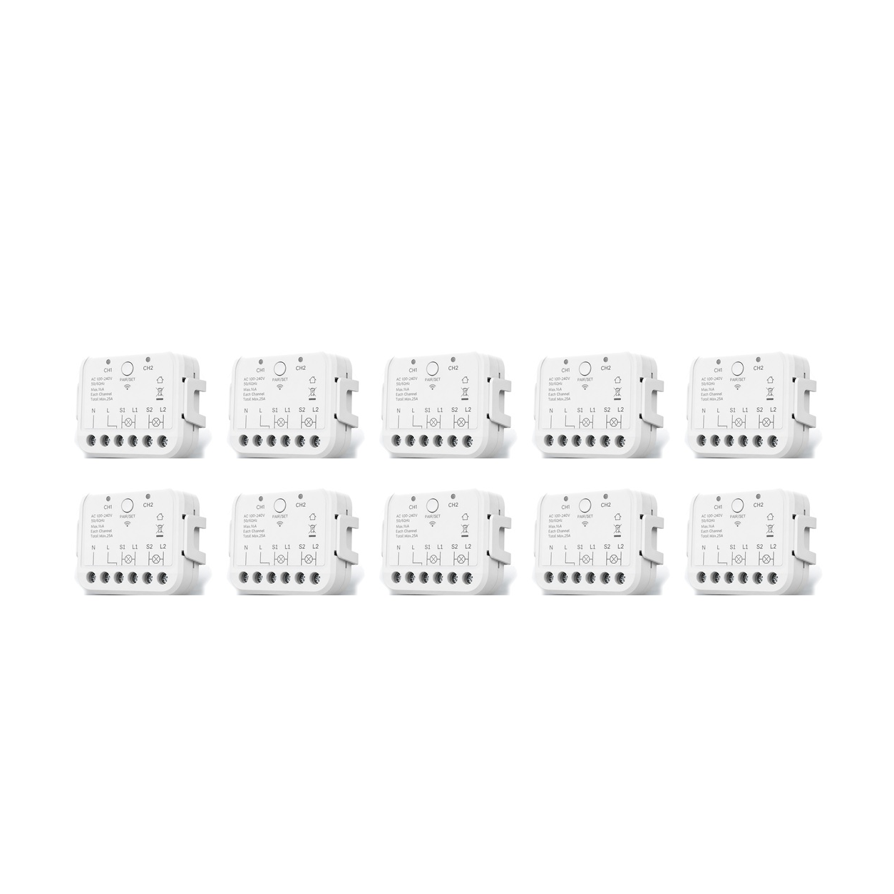 Lot de 10 modules Wi-Fi double commande NéoRelay Dual Lite Pro sur fond blanc