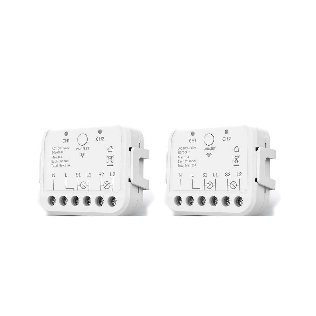 Lot de 2 modules Wi-Fi double commande NéoRelay Dual Lite Pro sur fond blanc
